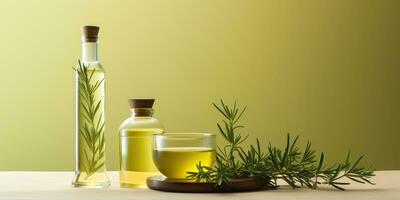 Bottle of fresh extra virgin olive oil and green leaves on light background. Generative AI photo