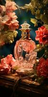 Glass bottle of perfume on beautiful background. Floral background. Generative AI photo