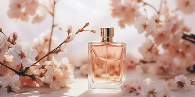 vaso botella de perfume en floral antecedentes. rosado floral antecedentes. generativo ai foto