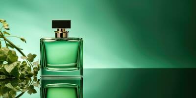 Glass bottle of perfume on a green background. Place for text. Generative AI photo