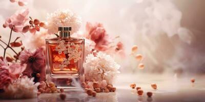 Glass bottle of perfume on floral background. Pink background, place for text. Generative AI photo