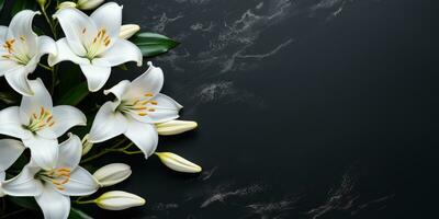 Lilies on black stone background, top view, space for text or your product, Generative AI photo