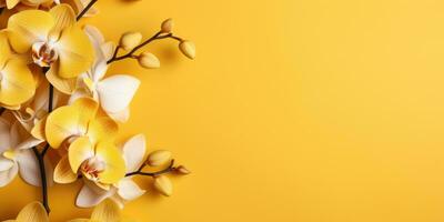 Flowering branch of yellow orchid on a yellow background, space for text or product. Generative AI photo