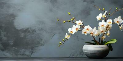 White orchid in flower pot, flowering branch, marble background, Generative AI photo