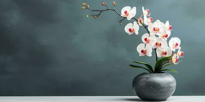 White orchid in flower pot, flowering branch, marble background, Generative AI photo