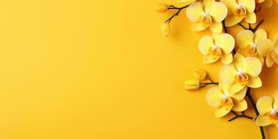 Yellow lily flowers on yellow background, space for text or product. Generative AI photo