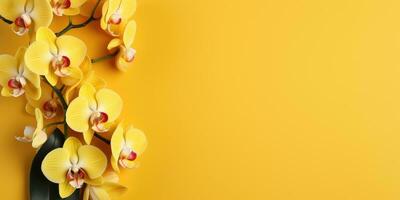 Yellow lily flowers on yellow background, space for text or product. Generative AI photo