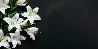 White lilies on black background, top view, space for text or your product. Generative AI photo