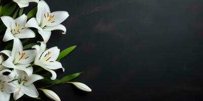 Lilies on black stone background, top view, space for text or your product, Generative AI photo