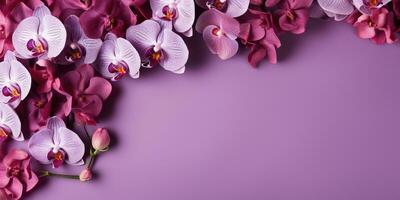 orquídeas en un rosado fondo, parte superior vista, espacio para texto. generativo ai foto