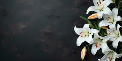 White lilies on black background, top view, space for text or your product. Generative AI photo