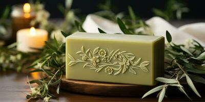 handmade olive oil soap, natural herbs, green background. Generative AI photo