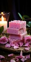 Pink handmade soap from flowers, roses, natural herbs, beautiful pink background. Generative AI photo