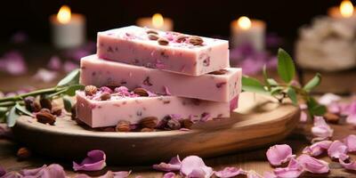 Pink handmade soap from flowers, roses, natural herbs, beautiful pink background. Generative AI photo