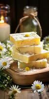 Handmade traditional soap, natural herbs, chamomile. Floral background. Generative AI photo