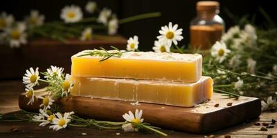 Handmade traditional soap, natural herbs, chamomile. Floral background. Generative AI photo