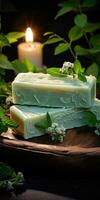 rustic handmade mint soap, natural herbs, green background. Generative AI photo