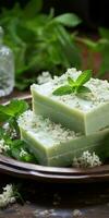 rustic handmade mint soap, natural herbs, green background. Generative AI photo