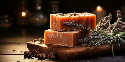 Handmade soap, on a wooden background close-up. Flower soap. Generative AI photo