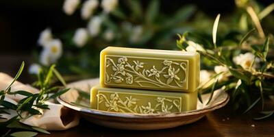 handmade olive oil soap, natural herbs, green background. Generative AI photo