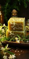 Handmade soap, on a wooden background close-up. Flower soap. Generative AI photo