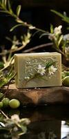 Handmade soap, on a wooden background close-up. Flower soap. Generative AI photo