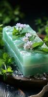 rustic handmade mint soap, natural herbs, green background. Generative AI photo