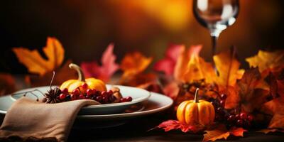otoño servicio plato, tema Víspera de Todos los Santos otoño ramo, plato y vino en mesa. generativo ai foto