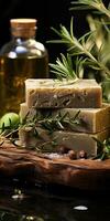 handmade olive oil soap, natural herbs, green background. Generative AI photo