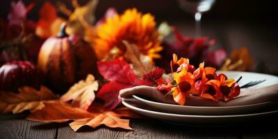 Beautiful autumn table setting, theme Halloween, autumn. Generative AI photo