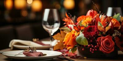 Autumn serving dish, theme Halloween autumn bouquet, plate and wine on table. Generative AI photo