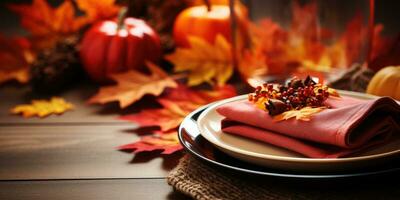 Beautiful autumn table setting, theme Halloween, autumn. Generative AI photo