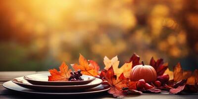 Autumn table setting, Halloween theme autumn bouquet, place for text. Generative AI photo