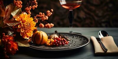 Autumn serving dish, theme Halloween autumn bouquet, plate and wine on table. Generative AI photo