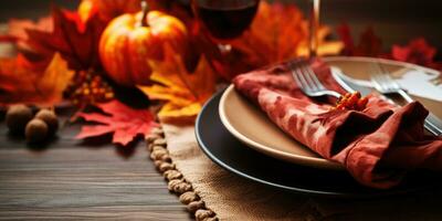 Autumn table setting, Halloween theme autumn bouquet, place for text. Generative AI photo