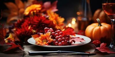 Beautiful autumn table setting, theme Halloween, autumn. Generative AI photo