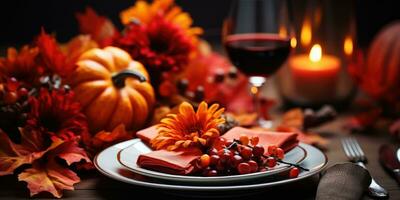 Autumn serving dish, theme Halloween autumn bouquet, plate and wine on table. Generative AI photo