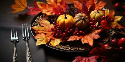 Beautiful autumn table setting, theme Halloween, autumn. Generative AI photo