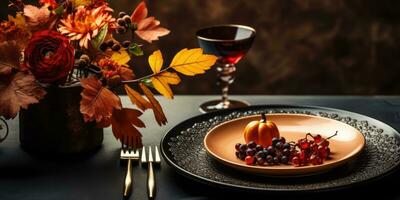 Autumn serving dish, theme Halloween autumn bouquet, plate and wine on table. Generative AI photo