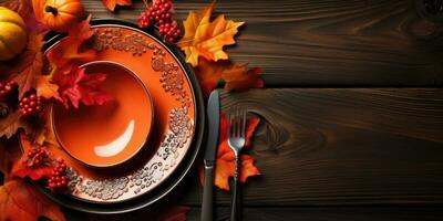 Autumn service on a wooden table, top view, Halloween theme. Generative AI photo