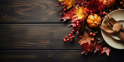 Autumn service on a wooden table, top view, Halloween theme. Generative AI photo