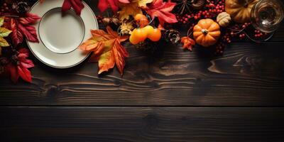 Autumn service on a wooden table, top view, Halloween theme. Generative AI photo