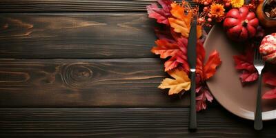 Autumn service on a wooden table, top view, Halloween theme. Generative AI photo