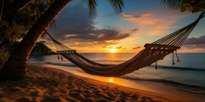 Romantic photo of hammock against the backdrop of a sunset on the ocean. Generative AI