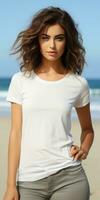 Girl in a white T-shirt on the background of the beach. Generative AI photo