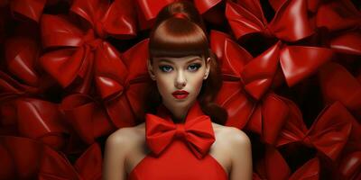 Girl with a red bow, Red bow, Generative AI photo