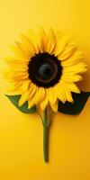 Sunflower on a yellow background, space for text. Generative AI photo
