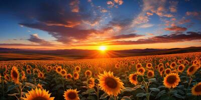 field of blooming sunflowers on background sunset. Generative AI photo