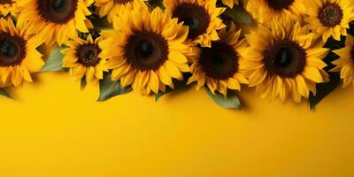 fresh sunflowers with leaves on stem on a bright yellow background. harvest time. Generative AI photo
