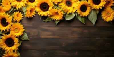 Sunflower on wooden background, space for text. Generative AI photo